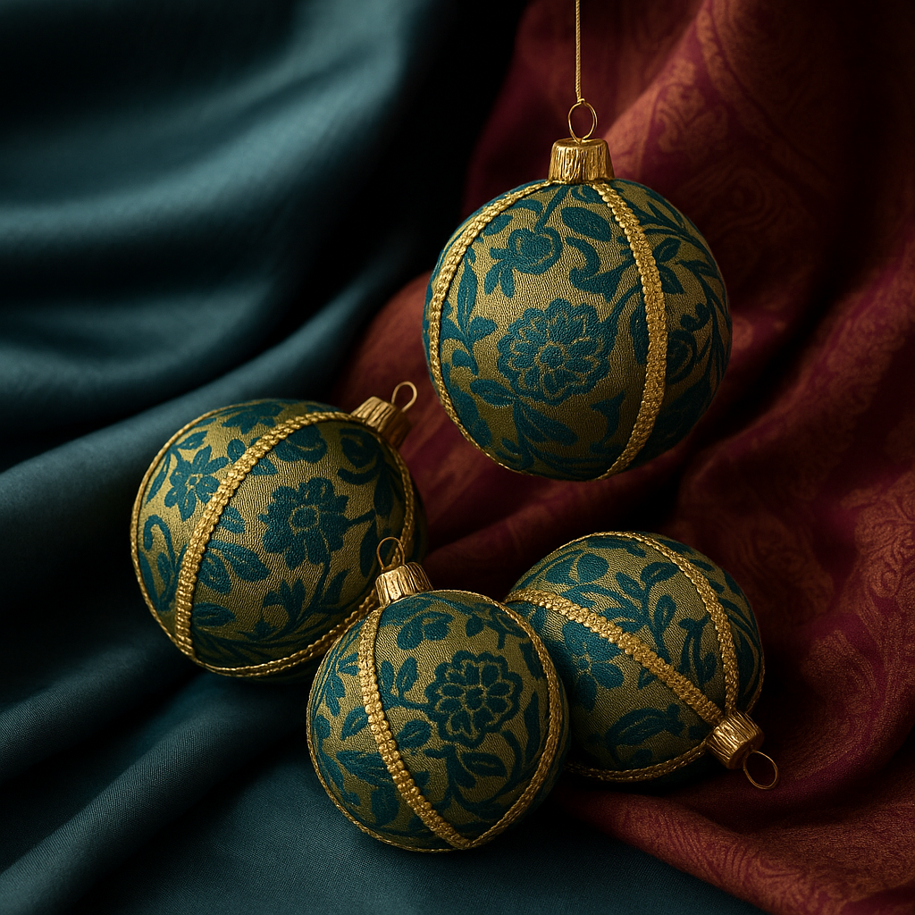 Ranbir Bauble DIY kit with antique gold and turquoise fabric, eco-friendly craft kit.
