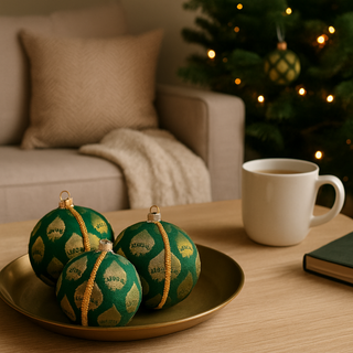 Green patterned rayanash ornaments on a gold plate with a white mug in a cozy living room. Rayansh Bauble – sustainable fabric decoration with emerald and gold brocade detailing, handmade in Britain.