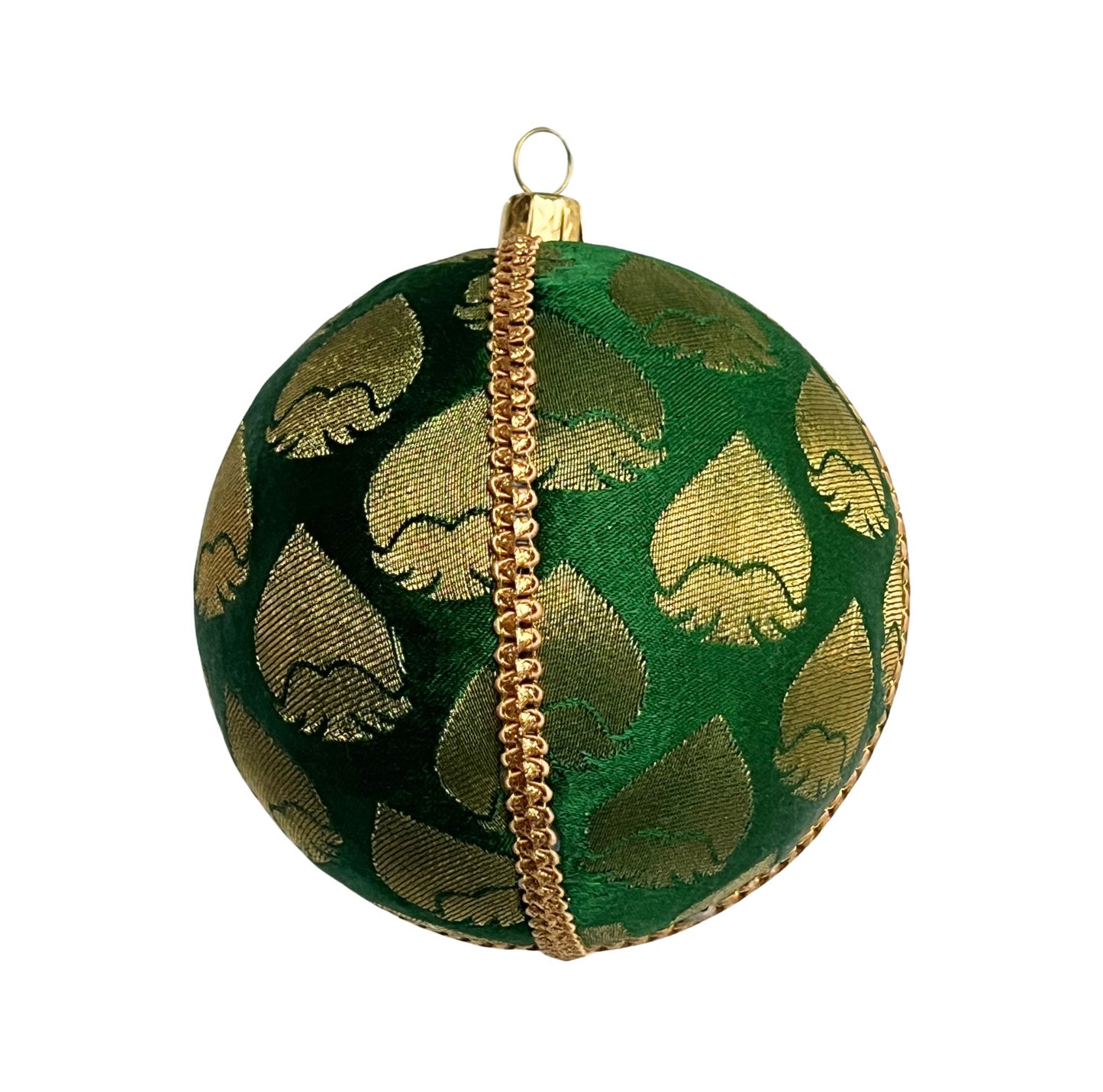single rayansh bauble one a black background to show beauty. Rayansh Bauble – 10cm handmade fabric ornament in emerald green brocade with gold leaf motifs, luxury sustainable décor