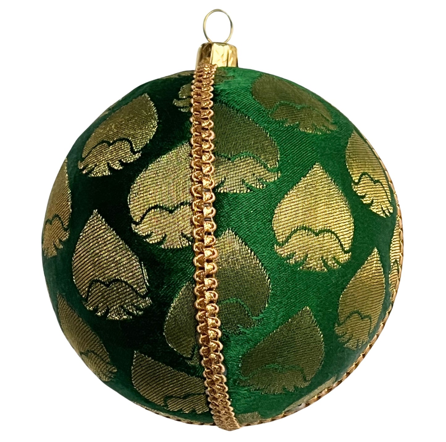 single rayansh bauble one a black background to show beauty. Rayansh Bauble – 10cm handmade fabric ornament in emerald green brocade with gold leaf motifs, luxury sustainable décor