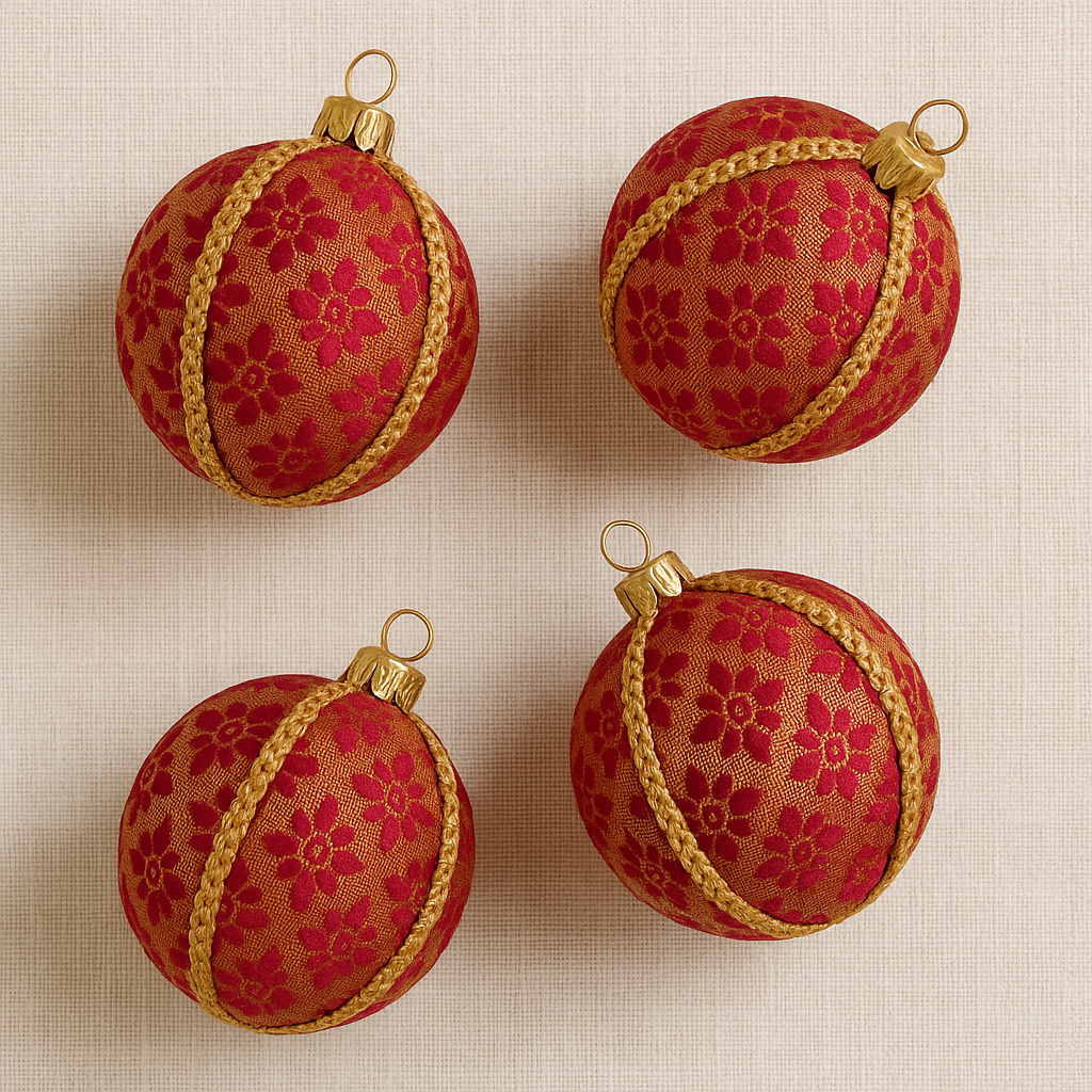 Rekha Bauble – 8cm red and gold floral brocade ornament with gold braid trim, handmade in the UK.
