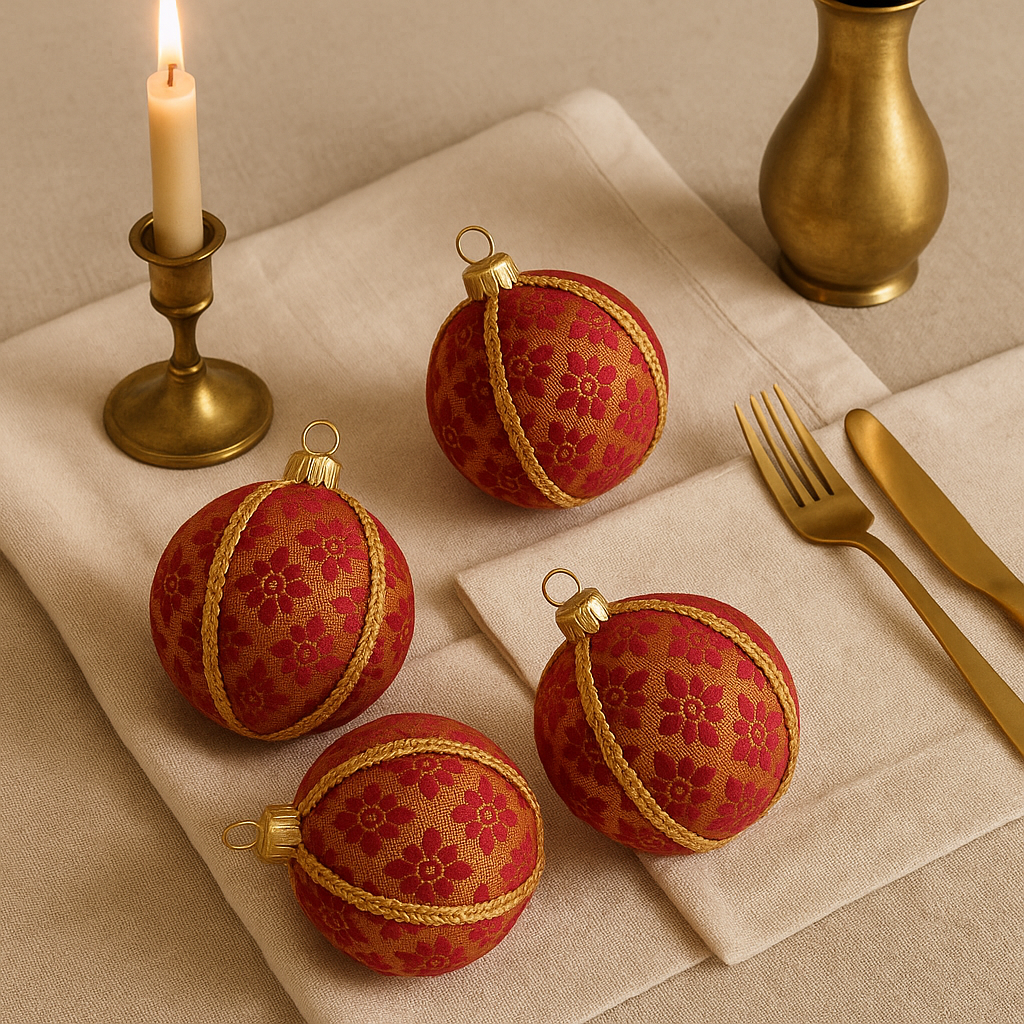 Rekha Bauble DIY kit with red and gold fabric panels and trims, eco-friendly craft kit.