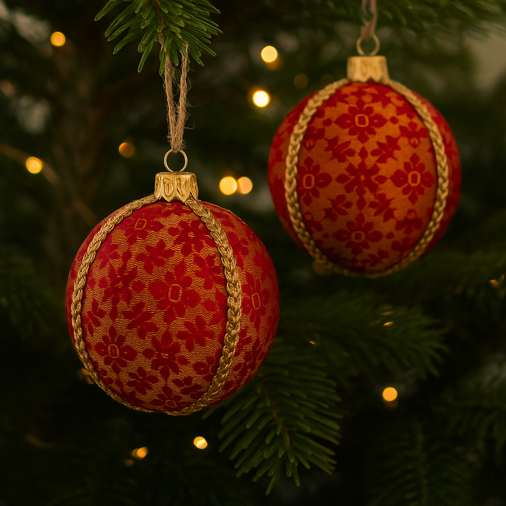Two Rekha Baubles made from red and gold brocade with gold trim hanging from a Christmas tree branch with soft fairy lights.