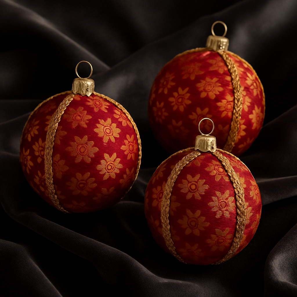 Three red and gold brocade Christmas baubles with gold trim arranged on dark charcoal velvet fabric in a luxe editorial flat lay.