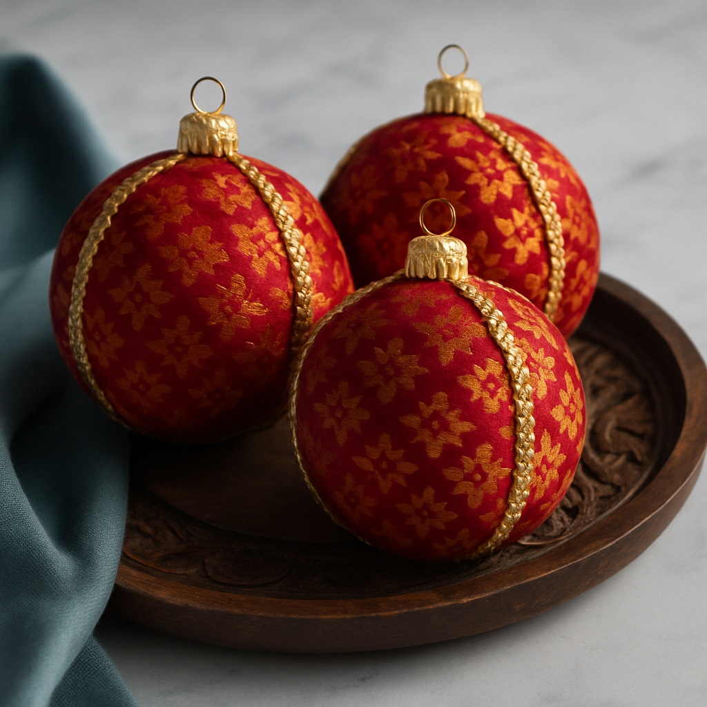 Three Rekha Baubles in red and gold brocade with gold trim displayed in a carved wooden tray with a teal cloth and marble surface.