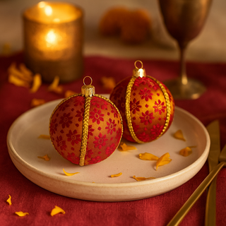 Two red and gold brocade baubles with gold trim styled on a luxury festive table setting with candles, gold cutlery, and warm tones.