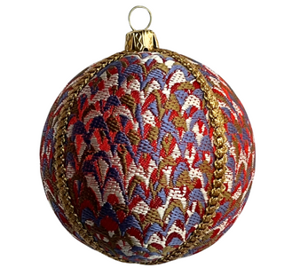 A single 8cm Sahana Bauble featuring an abstract pattern in red, blue, gold and ivory thread, finished with gold braid trim on a black background.