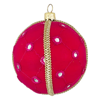 Close-up of the Salina Bauble in 8cm, featuring hot pink fabric with mirror work and gold braid, displayed on a clean white background.