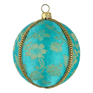 Sareek Bauble in 8cm with turquoise floral brocade fabric and gold trim, shown on a clean white background.