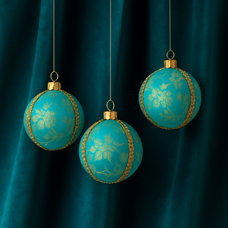 Sareek Baubles suspended against deep teal velvet fabric, with gold floral details and soft lighting creating a dramatic, luxurious statement.