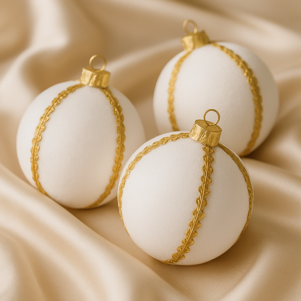 Three white velvet baubles with gold trim displayed on soft champagne satin fabric in a luxurious flat-lay composition.