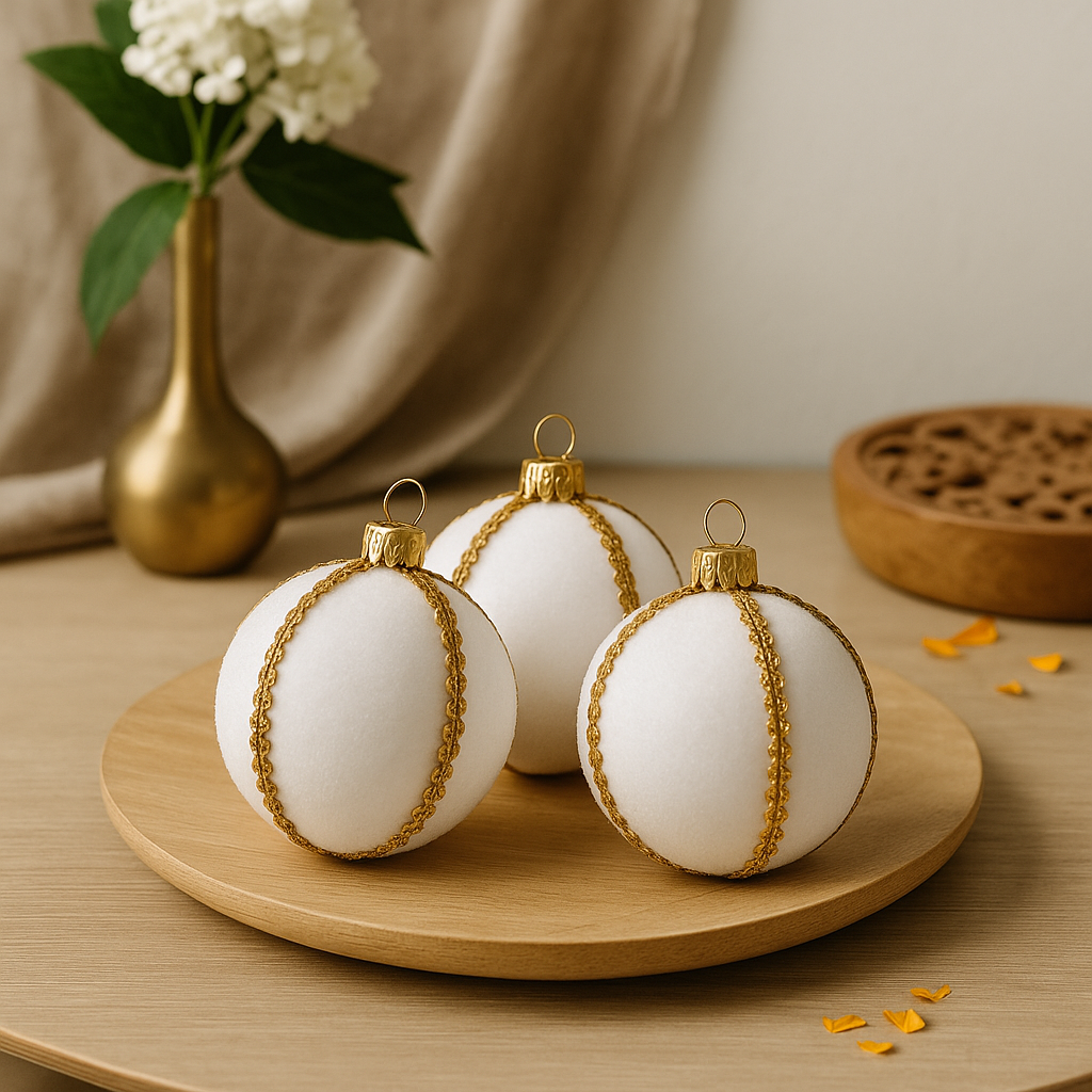 White velvet baubles with gold trim arranged on a wooden plate with brass vase, marigold petals and Indian-inspired carved accents.