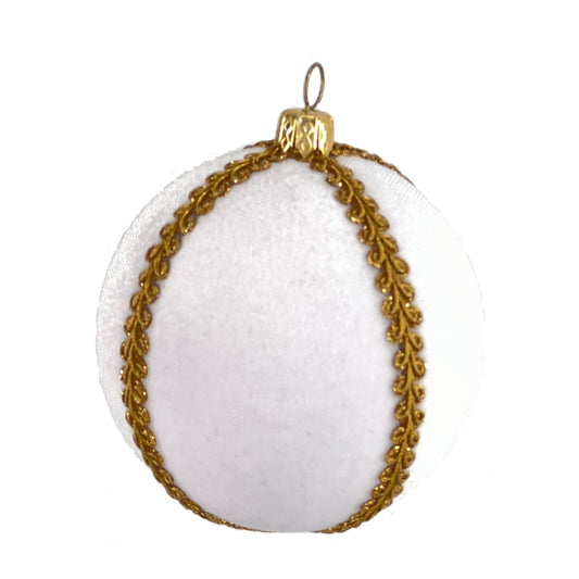 Single white velvet Christmas bauble with gold trim and metallic hanging cap, photographed on a clean white background