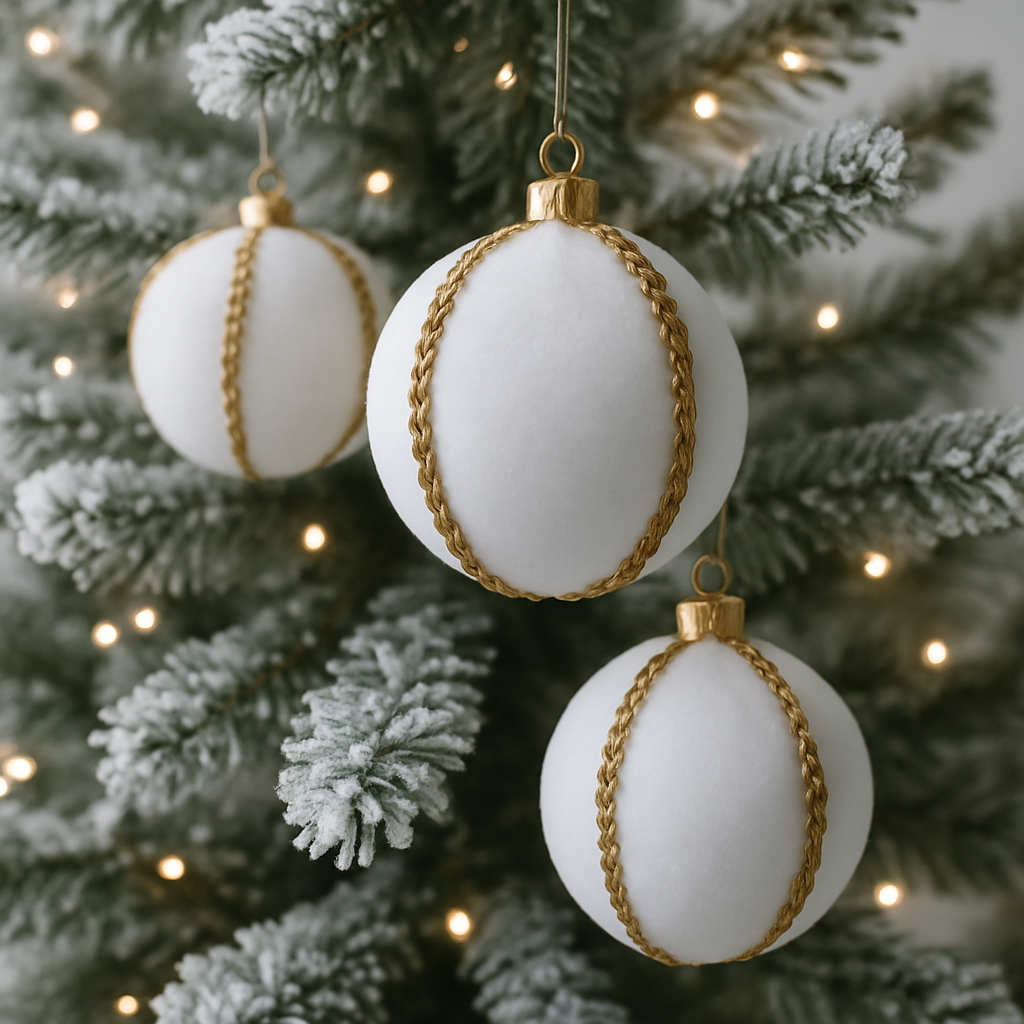 White velvet baubles with gold trim hanging on a snow-frosted Christmas tree, softly lit with warm fairy lights for a Nordic festive feel.