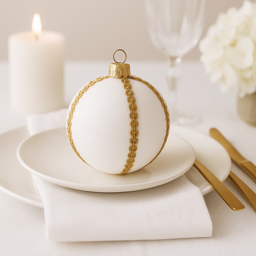 White velvet bauble with gold trim styled on a white ceramic plate with gold cutlery, candlelight and white florals in a luxe tablescape.