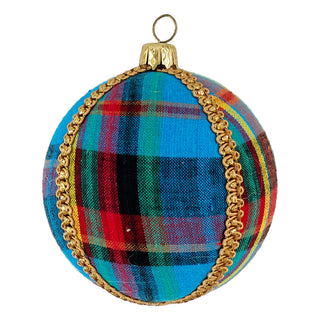 Single Scotty Bauble in 10cm featuring a bold tartan fabric in blue, red, and green with gold braided trim, displayed on a white background.