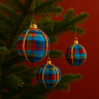 Three Scotty Baubles in tartan fabric hanging from a green tree with a rich red background, showcasing vibrant blue, red, and gold detail.
