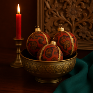 Shanti Baubles nestled in an engraved brass bowl with a red candle and carved wood backdrop, styled with a subtle Indian aesthetic.