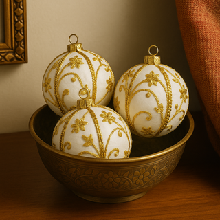 hashi Baubles nestled in a floral-engraved brass bowl, styled with subtle Indian-inspired decor for a refined and soulful home setting.
