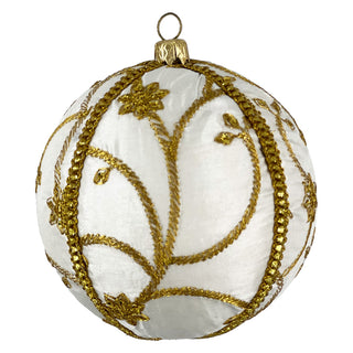 Shashi Bauble in 10cm with gold floral embroidery on white velvet, displayed on a clean white background for a crisp product view.