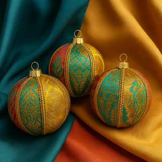 A photograph features three Shrishti Baubles displayed against draped teal fabric, showcasing their vibrant turquoise, pink, and gold brocade patterns in an elegant, modern setting.