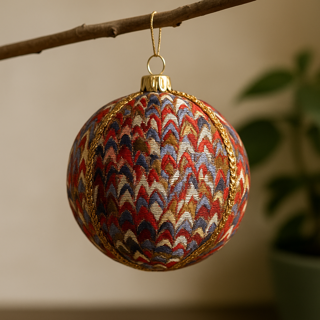 Decorative Sahanah Christmas ball with a geometric pattern hanging on a branch.