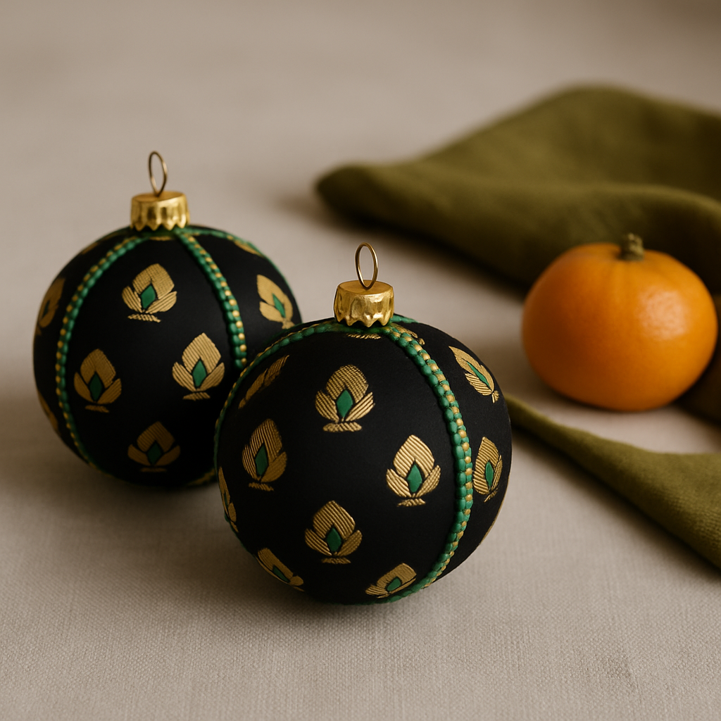 Close-up of Tamasvi Bauble showing golden floral motifs on black fabric.