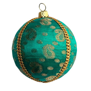 A single Tarla Bauble in 8cm featuring teal green fabric with gold paisley embroidery and gold braid trim, handmade for a luxury festive finish. Tarla Bauble – 8cm handmade fabric ornament in turquoise and gold paisley brocade, luxury sustainable décor.