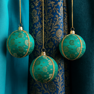 Three Tarla Baubles hanging in front of layered deep pink and teal fabrics, showing off their gold paisley embroidery and vibrant teal base.