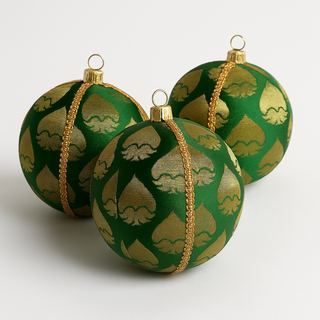 Three green and gold Christmas ornaments on a white background. Handcrafted Rayansh Bauble in emerald green with golden leaf brocade and shimmering gold trim, UK-made.