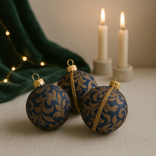 Three decorative ornaments with gold patterns on a neutral background with candles and string lights.