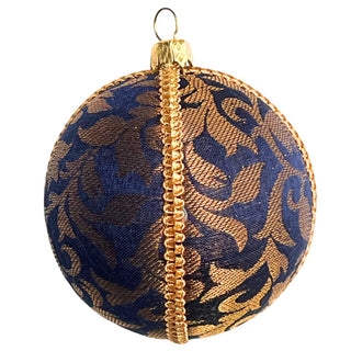 Single Vani Bauble in deep blue and gold damask fabric with gold trim, photographed on a white background.