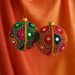 Two Vivaan Baubles, one red and one blue, hanging in front of a softly draped warm peach fabric backdrop, showcasing intricate embroidery, gold trim, and mirrorwork.