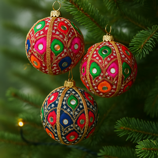 Three Vivaan Baubles, featuring traditional embroidery and mirrors, hanging on a lush green tree in natural daylight with soft fairy lights for a vibrant festive look.