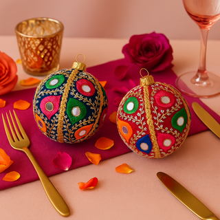 Vivaan Baubles in red and blue styled along a warm-toned table runner with gold accents and scattered florals, capturing their bold embroidery and festive charm