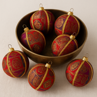 Close-up of Yashodah Bauble showing vibrant silk patterns in red, pink, and orange.