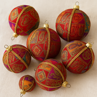 Set of Yashodah Baubles in rich warm tones, handmade fabric decorations.
