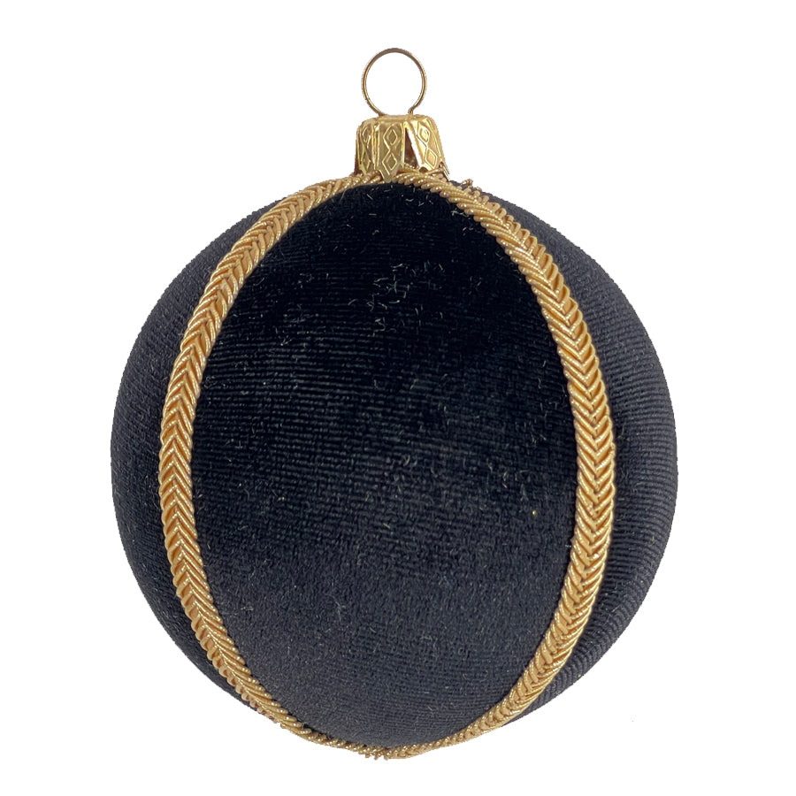 Black velvet bauble with gold trim displayed on its own